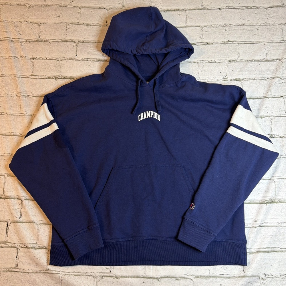 Champion Blue Pullover Fleece Hoodie Logo Striped Sleeves Pocket XL